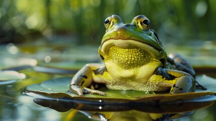 An American Bullfrog is perched on top of a leaf floating in a serene pond. The frog is sitting still amidst the water, showcasing its green and brown hues.