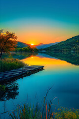 Serene Lakeview at Sunset: Nature's Tranquil Beauty Immortalised in a Landscape
