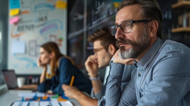 A diverse group of individuals are seated around a table, focused on a laptop screen. They appear engaged in a collaborative discussion or project, possibly conducting a meeting or brainstorming sessi