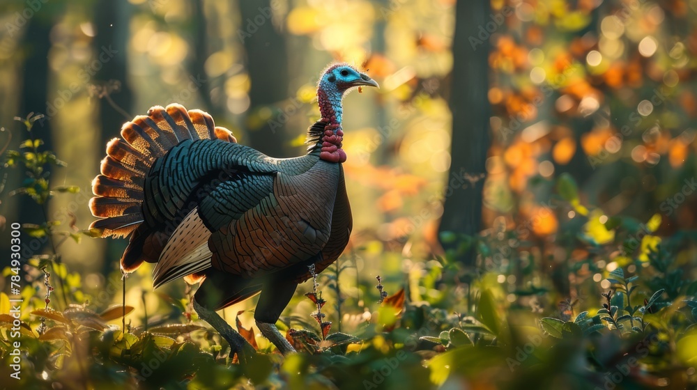 Poster A close-up view of a wild turkey walking in a forest setting, showing detailed features of the bird and surrounding foliage.