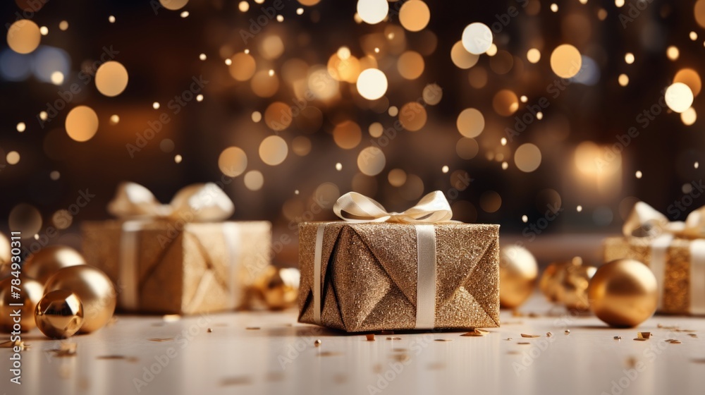 Poster generative ai ultra-realistic depiction of elegant white and gold christmas presents arranged artful