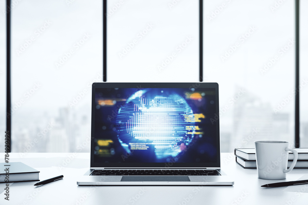 Leinwandbilder modern computer display with abstract programming language hologram and world map, artificial intell