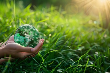 Earth retention notion with hands holding a globe over a setting of luscious grass with hands to guard the expanding woods and space, Generative AI.