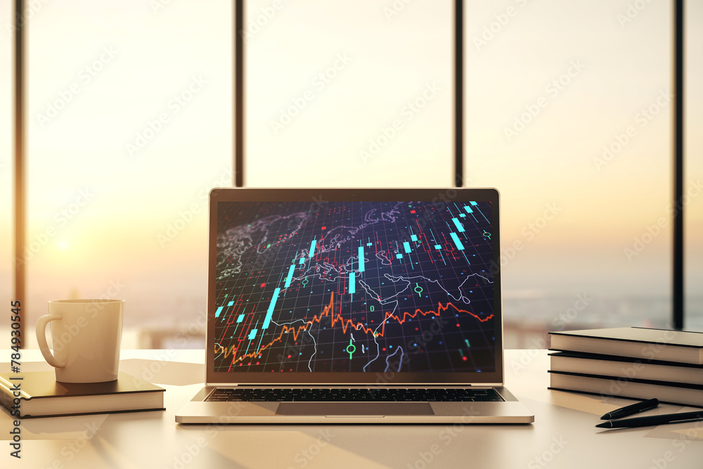 Poster Modern computer monitor with abstract creative financial chart with world map, research and strategy concept. 3D Rendering