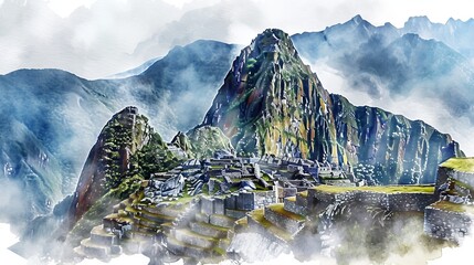 A watercolor illustration showcasing a mountain with a village settled on top, capturing the...