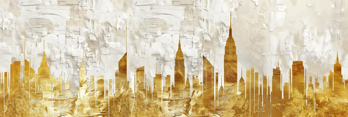 Abstract Golden Skyline Painting with Textured Background. Metallic Gold Urban Landscape Art on White Canvas