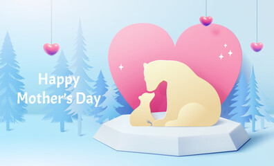 3D paper art Mothers Day card. Polar bear mom and cub on ice block podium in winter forest. - 784930581