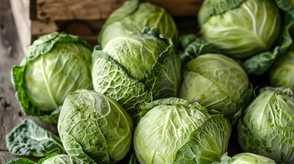 Fototapeta premium A pile of green cabbage, a staple food, and a popular vegetable, sits on a wooden table. This natural ingredient is a popular choice for local, whole food dishes
