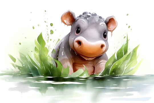 Hippopotamus in water. Watercolor illustration on white background