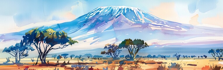 A watercolor painting depicting Mount Kilimanjaro towering in the background, with lush green trees in the foreground.