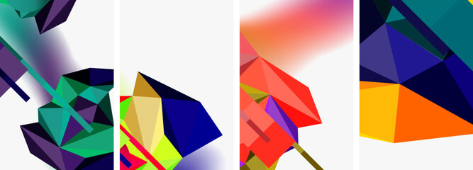 A vibrant collage of triangles, rectangles, and other geometric shapes in tints and shades of electric blue create a symmetrical pattern in this art piece