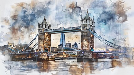 A watercolor painting depicting the iconic Tower Bridge in London. The bridge spans the River Thames and features its distinct twin towers and intricate details.