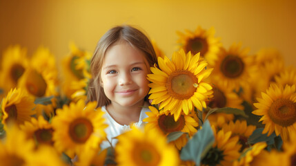 Little girl holding sun flower on pot, isolated on yellow background. Copy space for text. Summer blossom photography. Studio Shot. Copy space for text.