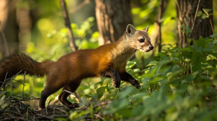 A small brown American marten is captured in its natural habitat, walking through a lush forest filled with trees and vegetation.