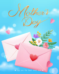3D romantic Mothers Day card. Love letter and flower decors on blue sky background with clouds. - 784930782