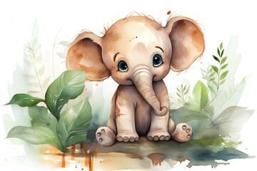 Cute baby elephant in the jungle. Watercolor hand drawn illustration