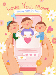 Cute Mothers Day poster. Hands holding smartphone with miniature kids and love letter on screen. - 784931349
