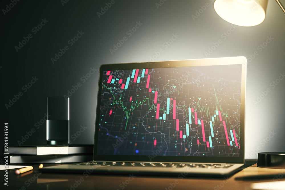 Leinwandbilder Modern computer monitor with creative abstract global crisis chart with world map hologram. Financial crisis and recession concept. 3D Rendering