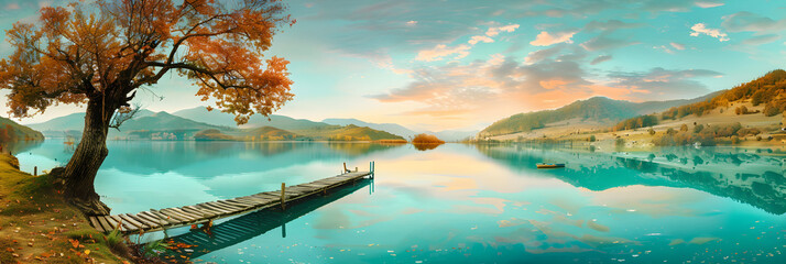 Serene Lakeview at Sunset: Nature's Tranquil Beauty Immortalised in a Landscape - obrazy, fototapety, plakaty
