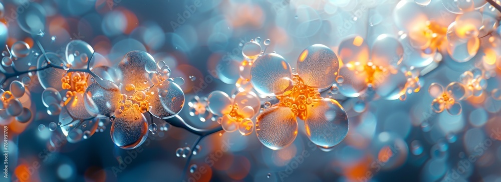 Poster Multiple transparent bubbles are seen floating in the air with no visible source nearby. The bubbles vary in size and shape, gently moving with the flow of air currents.