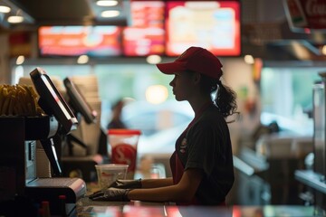 fast food restaurant worker at a commercial kitchen