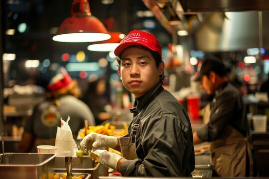fast food restaurant worker at a commercial kitchen