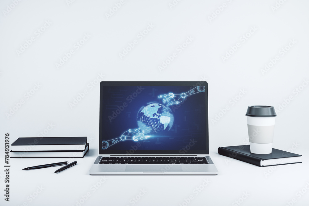 Aufkleber Creative abstract robotics technology hologram with globe on modern computer monitor, artificial intelligence and machine learning concept. 3D Rendering