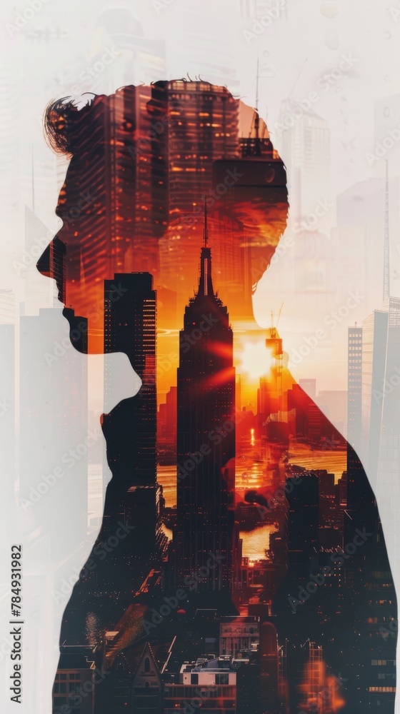 Poster a silhouette of a person standing in front of a cityscape, creating a striking contrast between the 