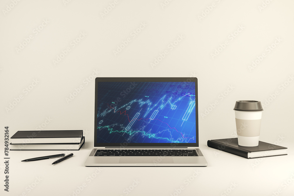 Poster Computer monitor with abstract financial graph, finance and trading concept. 3D Rendering