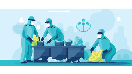Workers in uniform throwing away biohazard garbage