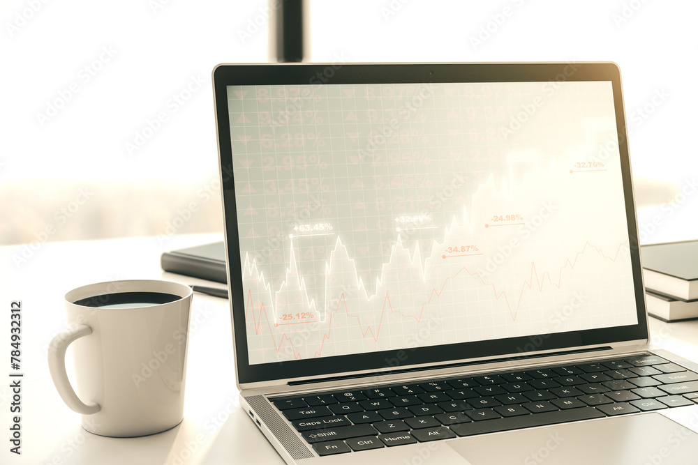 Aufkleber Modern computer screen with abstract creative financial chart, research and analytics concept. 3D Rendering