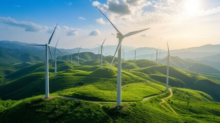 Panoramic view of wind farm or wind park with high wind turbines for generation electricity, Wind Energy And Technology, Green energy concept