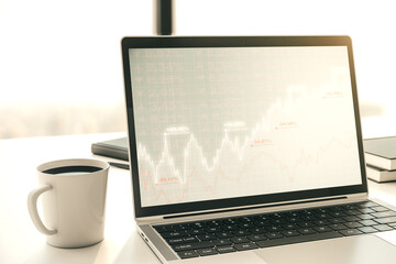 Fototapeta premium Modern computer screen with abstract creative financial chart, research and analytics concept. 3D Rendering