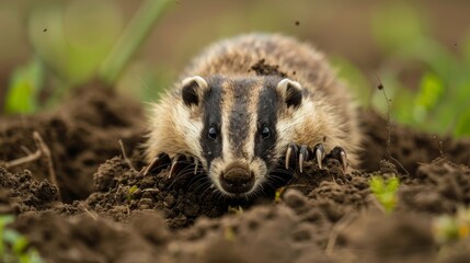 A raccoon is actively digging in the dirt in a field, using its sharp claws to unearth possible...