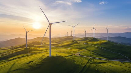 Panoramic view of wind farm or wind park with high wind turbines for generation electricity, Wind Energy And Technology, Green energy concept