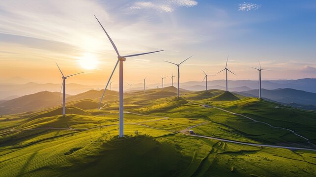 Panoramic view of wind farm or wind park with high wind turbines for generation electricity, Wind Energy And Technology, Green energy concept