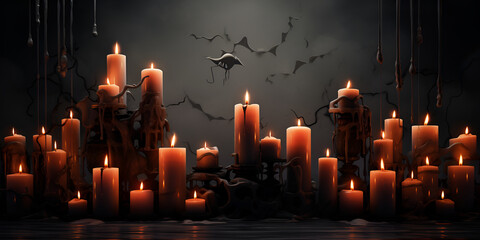 many small and large candles are burning on the table on a dark background