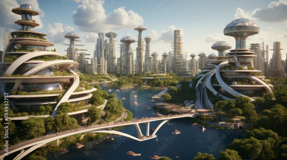Aufkleber Generative AI A city of innovation featuring bio-inspired designs, modular architecture, and floating structures