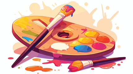 Workplace painter palette with colors and brushes.