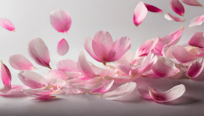 Obraz na płótnie Canvas flying pink petals isolated on white background cutout; colorful abstract backdrop, copy space