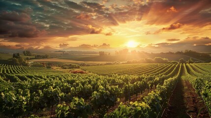 The sun is seen setting over a lush vineyard, casting a warm glow over the ripening grapes. Rows of...