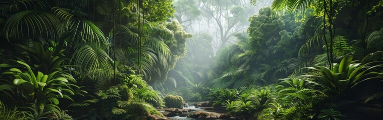 A lush green jungle with a stream running through it