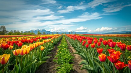 Fototapeta premium A vibrant field dominated by red and yellow tulips in full bloom, creating a colorful and eye-catching sight. The flowers stretch as far as the eye can see, forming a striking display of natures beaut