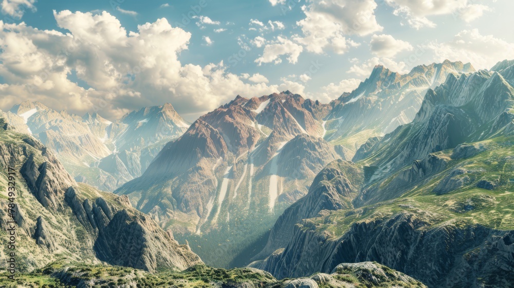 Aufkleber the mountains are covered in snow and the sky is cloudy. the mountains are very tall and the clouds 