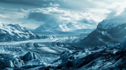 A mountain range covered in snow stretches across the landscape under a cloudy sky. The snow-capped peaks contrast with the gray clouds, creating a stark and cold winter scene.
