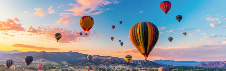 A collection of colorful hot air balloons dot the sky as they gracefully float in the air, creating a stunning visual spectacle against the backdrop of the clear blue sky. - Powered by Adobe