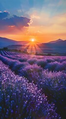 A beautiful field of lavender with the sun setting in the background. The sun is shining brightly...