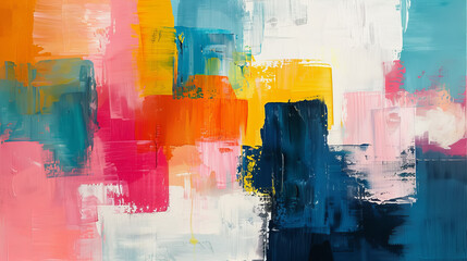 Contemporary abstract canvas with blocks of color in pink, yellow and blue with pastel tones, ai generated