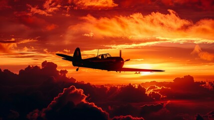 A small motor plane is seen flying through a cloudy sky, its silhouette stark against the grey backdrop. The aircraft is in motion, soaring through the air.