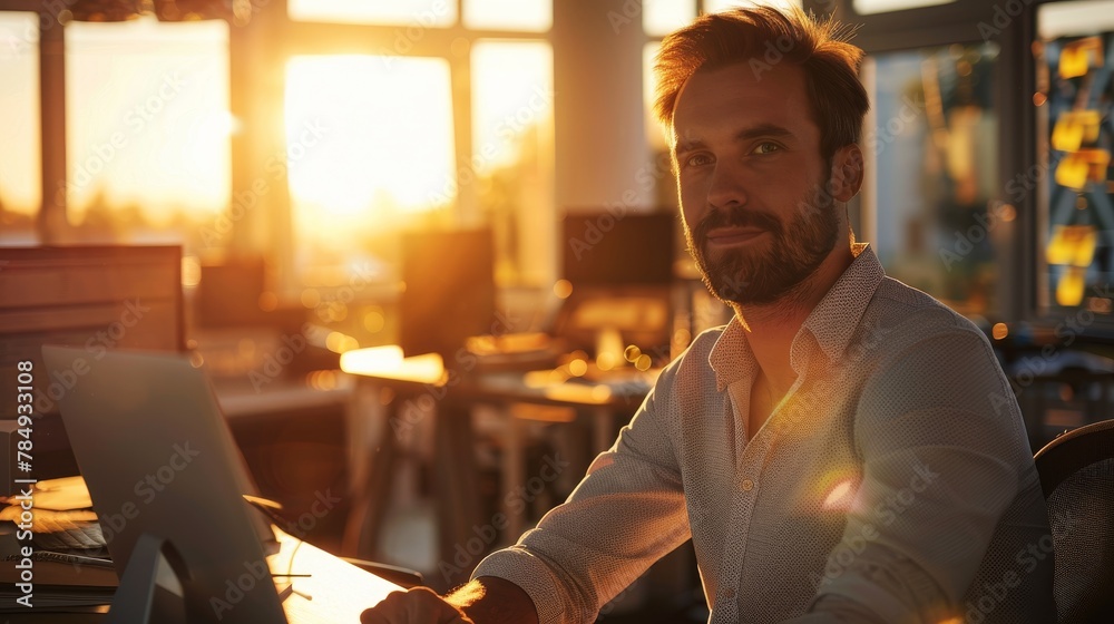 Aufkleber a man is sitting at a desk with a laptop in front of him. he is wearing a blue shirt and has a beard